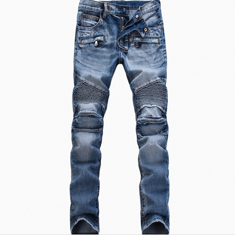 European And American Treet Tyle BIKER JEANS Multi-pocket Motorcycle Pleated Zipper Jean Lim Fit Tretch Kinny_voghion.com