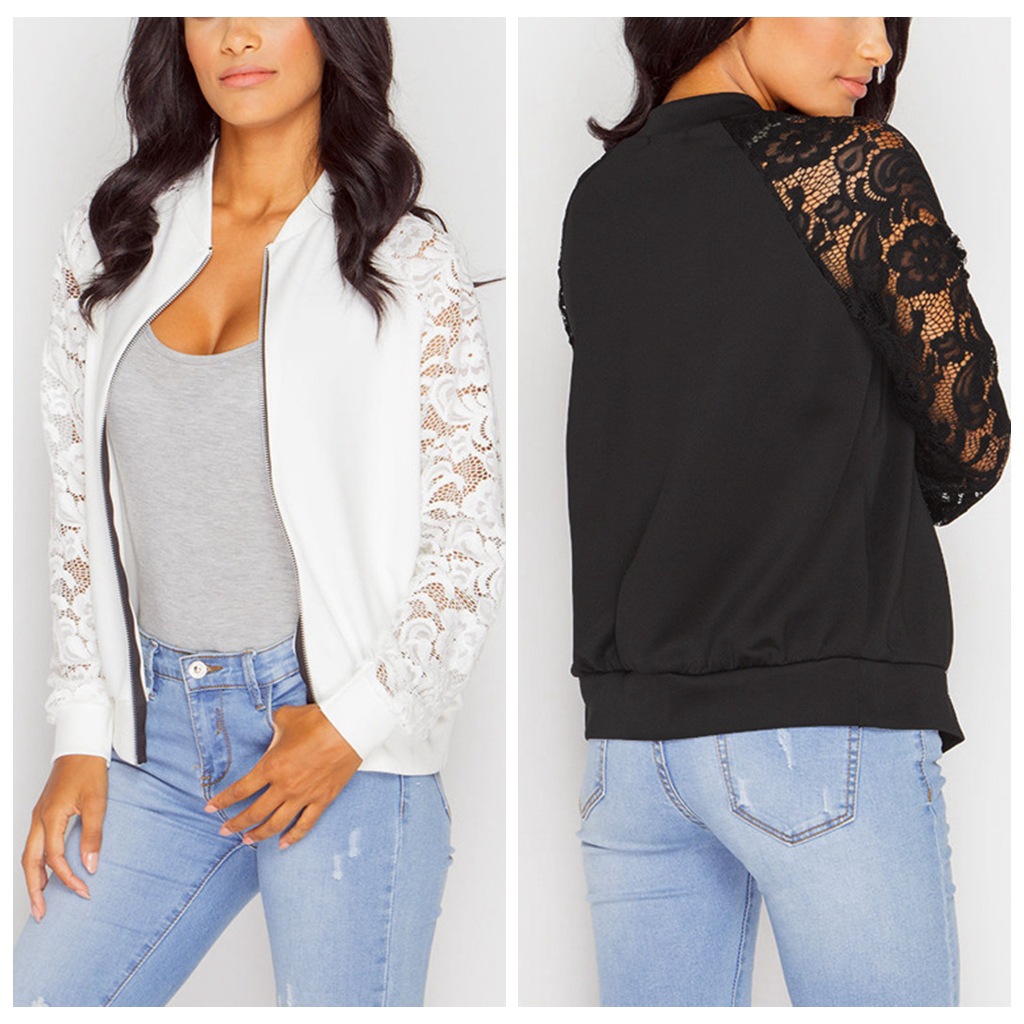 Wish AliExpress eBay autumn and winter foreign trade long sleeve lace splicing zipper small jacket jacket spot
