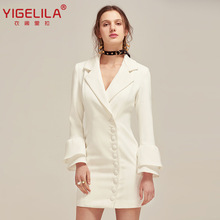 YIGELILA 夏季新款  气质修身西装领单排扣喇叭袖连衣裙62660