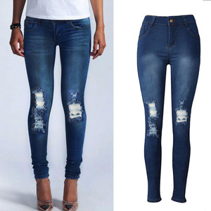 Europe new pencil pants elastic jeans female holes small pants