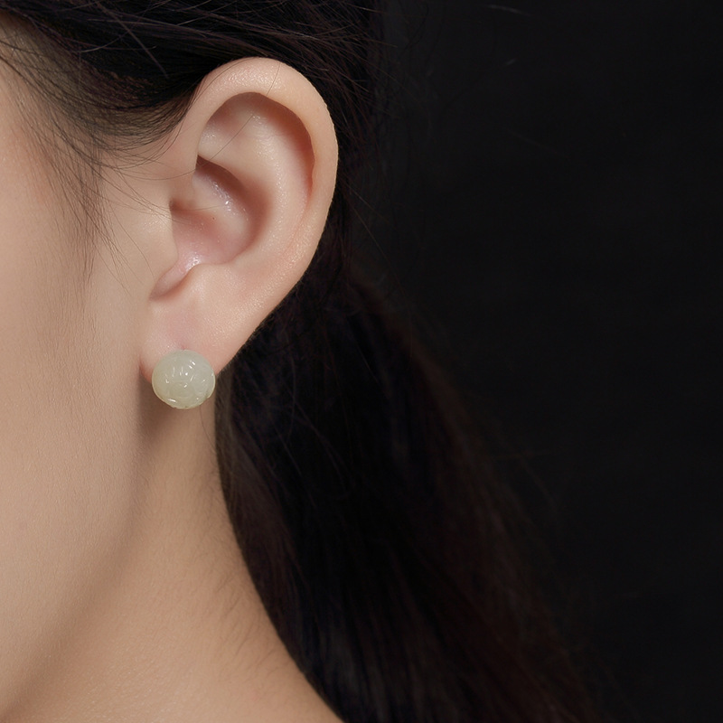 Bông tai hoa sen ngọc bích Hetian tự nhiên bạc S925 — Cỡ Nhỏ, Cỡ to