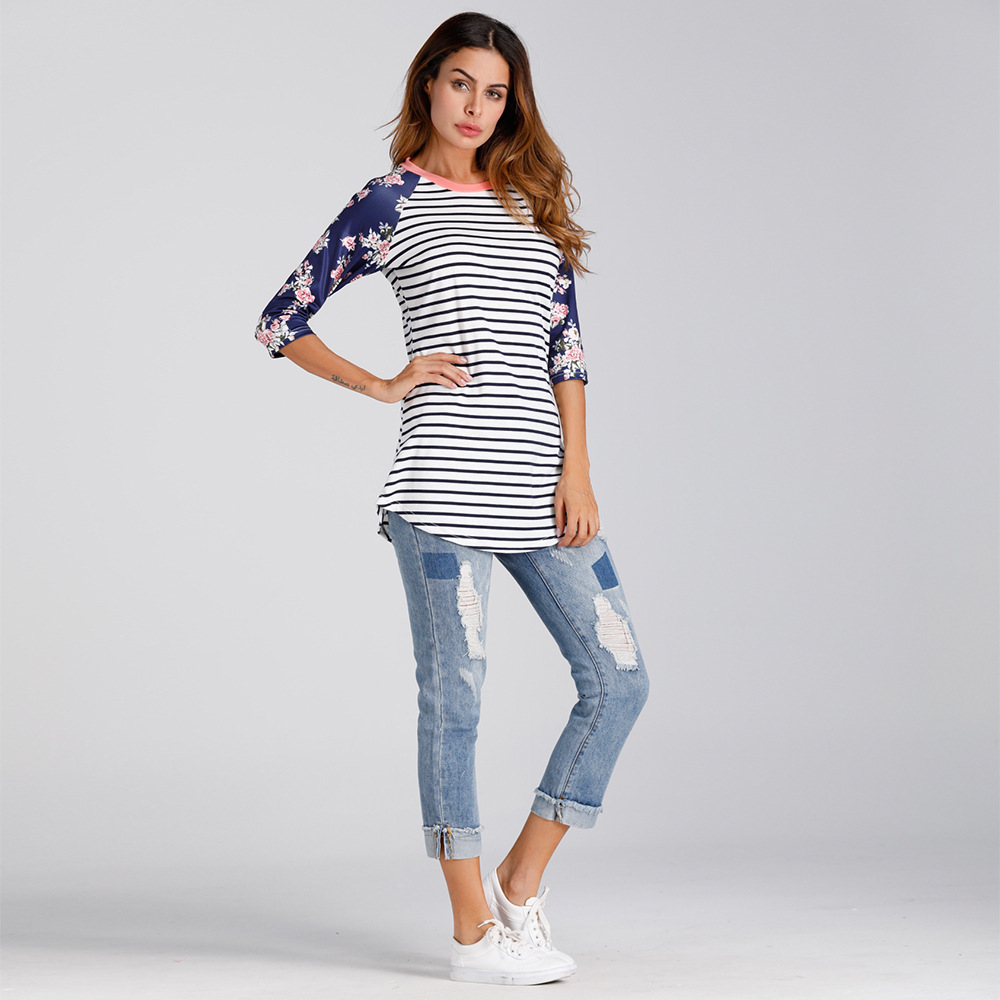 striped print round neck long sleeve top NSWNY74538