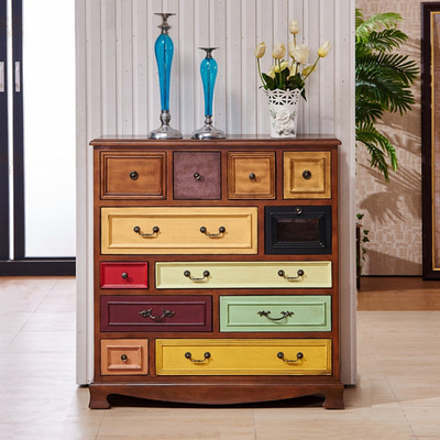 American country solid wood Bucket cabinet Net Red Living Room Furniture Storage cabinet Retro Coloured drawing bedroom Storage Chest of drawers