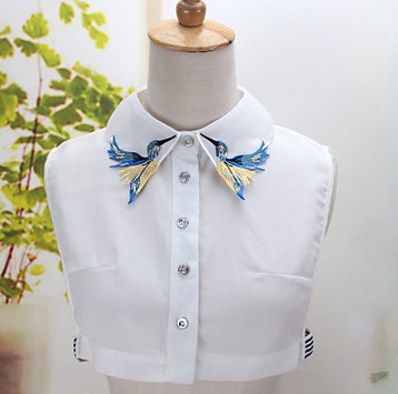 White fake detachable collar for women girls  dickey collar half shirt blouse decor collar embroidery flying bird white fake collar