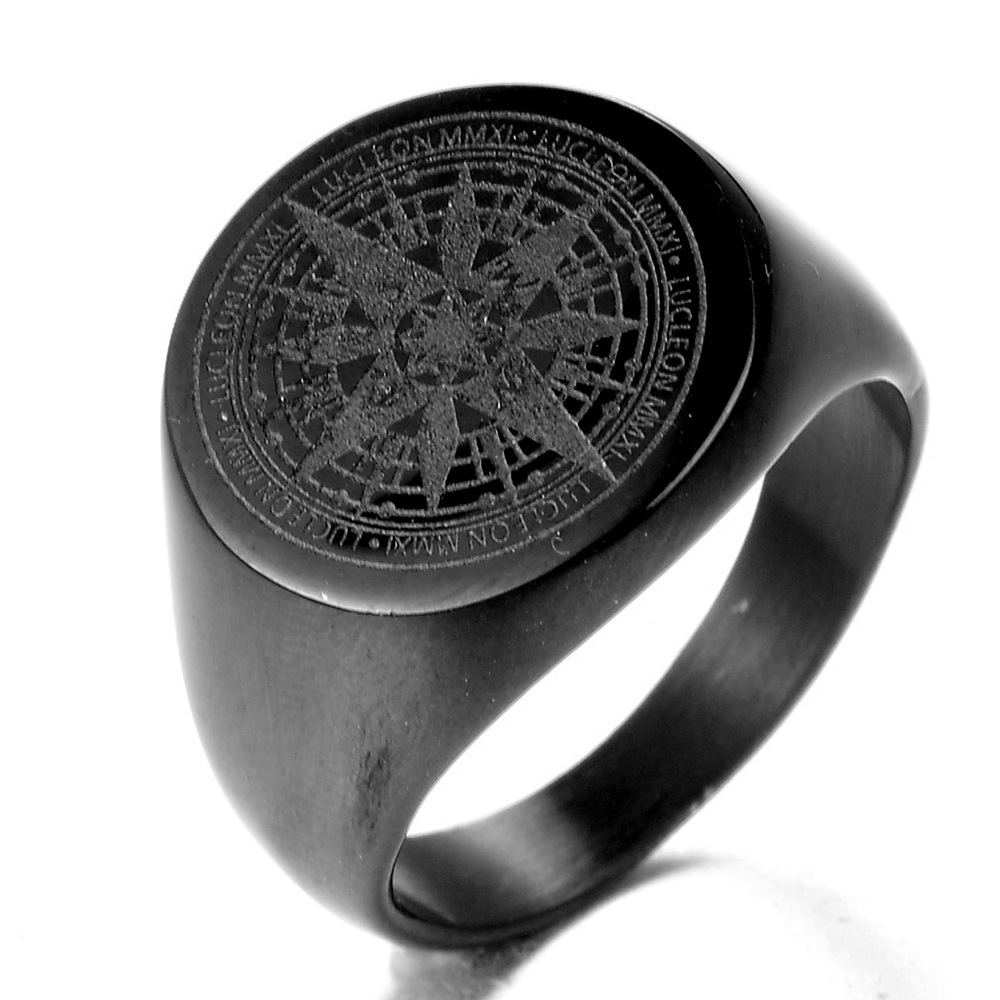 18K Gold Plated, Rhodium Plated Plating Material Retro Compass Titanium Steel Plating 18K Gold Plated Rhodium Plated Men'S Rings Men Signet Rings