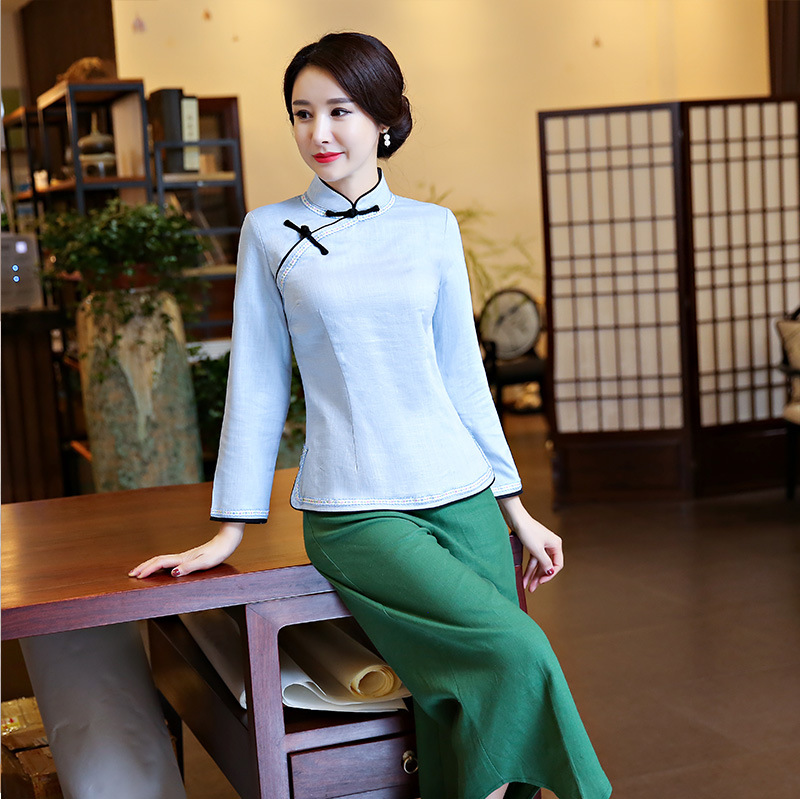 长袖花边一字扣-浅蓝色_01