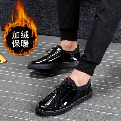 2019男休闲鞋冬加绒保暖板鞋男士漆皮亮面百搭潮男鞋子一件代发|ru