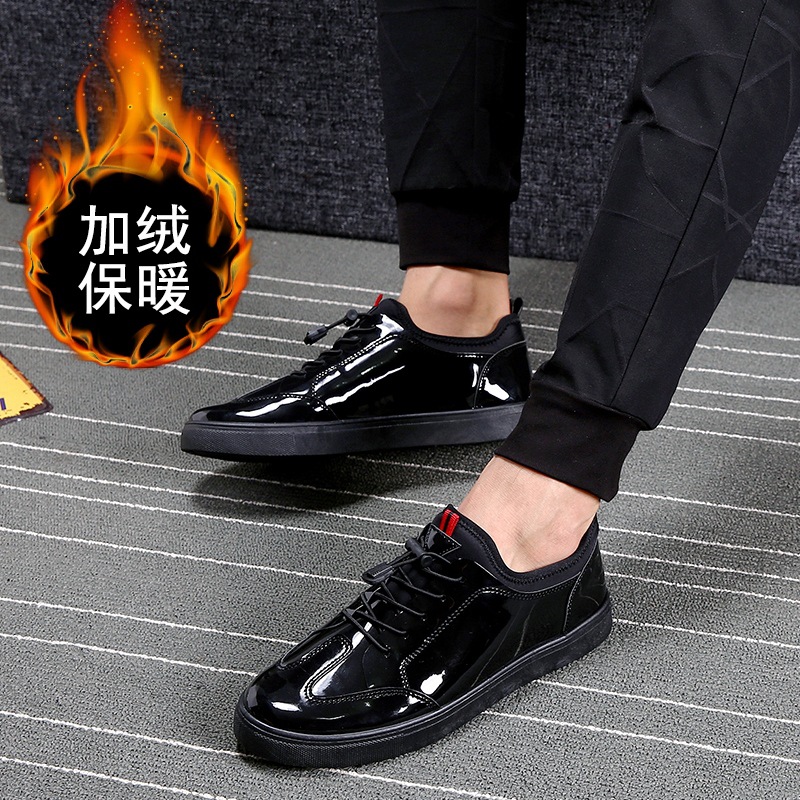 2019男休闲鞋冬加绒保暖板鞋男士漆皮亮面百搭潮男鞋子一件代发|ru