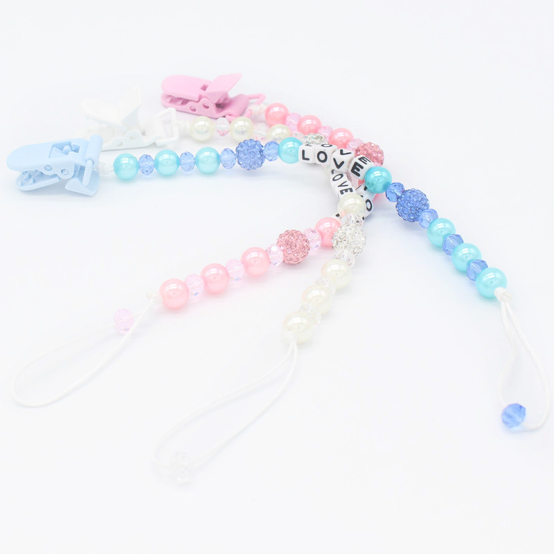 Venta directa de fábrica bebé personalizado amor cristal perla bebé chupete cadena anti-gota cadena anti-cadena perdida