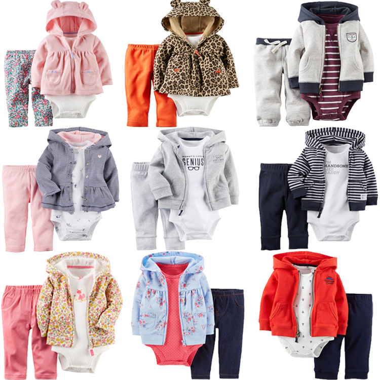 Baby Long-sleeved Hooded Sweater And Romper Pants Three-piece Set display picture 1