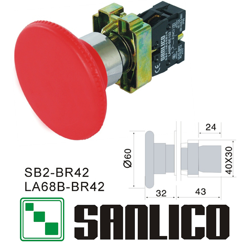 金属紧急停止自返复位蘑菇头LA68B SB2 XB2-BR42按钮开关60mm
