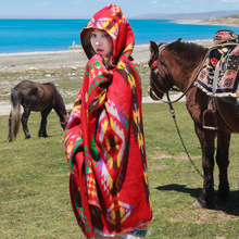 民族风带帽斗蓬披肩女冬天加厚保暖茶卡丽江西藏旅行红色带帽披风