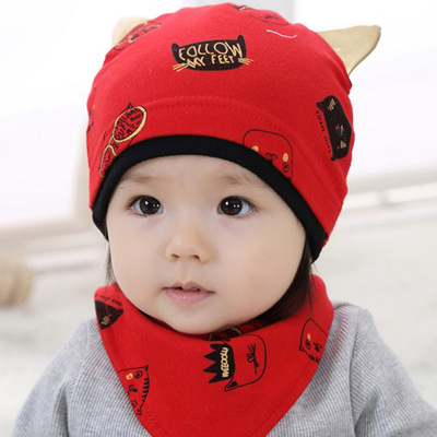 春秋季新生兒胎帽小貓咪純棉帽子搭配三角巾男女兒童二件套帽