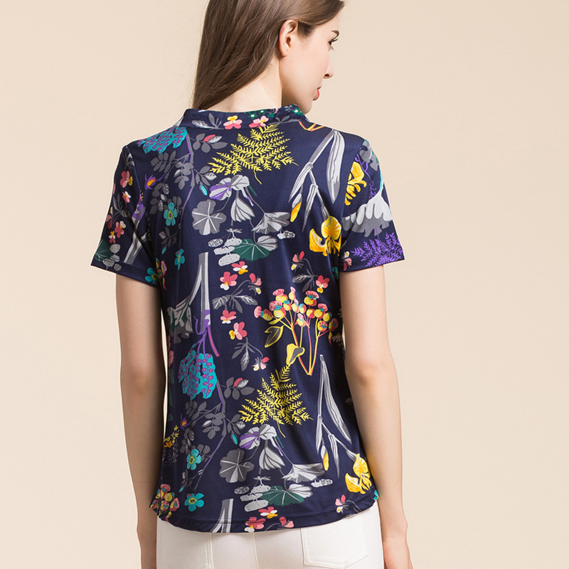 Silk Short Sleeve T Shirt for Women Mulberry Silk Plus Size Floral Print Stand Collar Summer Casual Wear