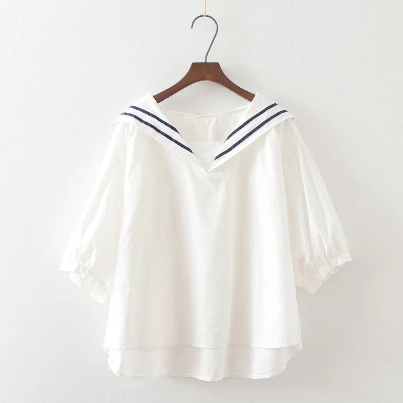 Summer Sweet Literary Navy Collar Splicing Loose Pullover Slimming Look Short-Sleeved Babydoll Shirt Wholesale 24027