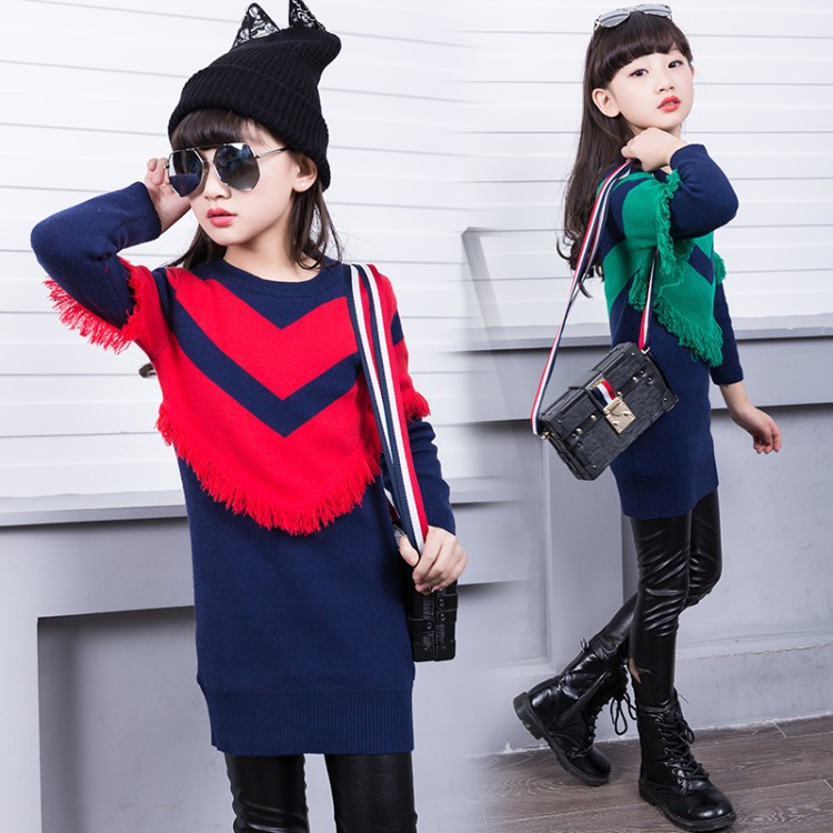 2017冬季新款壹件代發兒童針織衫女中大童時尚百搭流蘇V型潮上衣