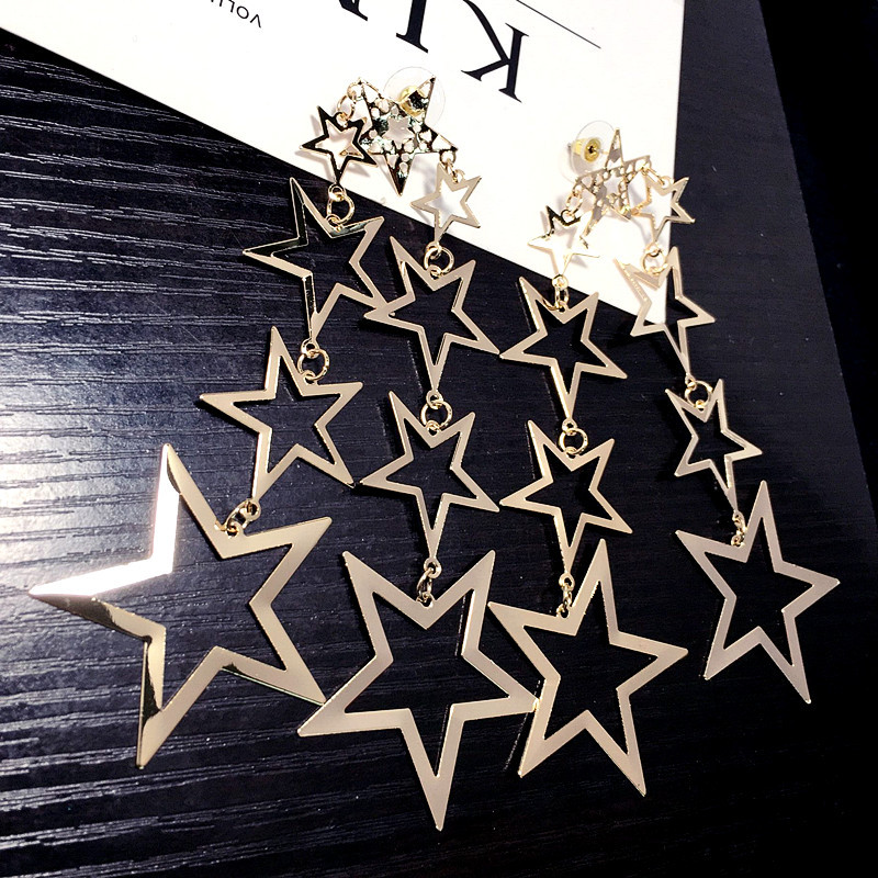 Pendientes Largos De Estrella De Cinco Puntas Huecos De Metal De Moda display picture 2