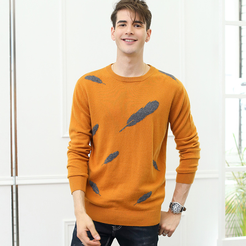 2017秋冬新款圆领羊绒衫男装套头保暖针织衫毛衣提花打底衫大码潮