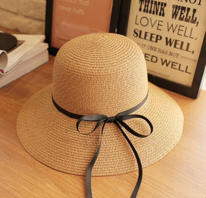 Women's Straw Hat With Black Ribbon Bow Sunshade Beach Hat_voghion.com