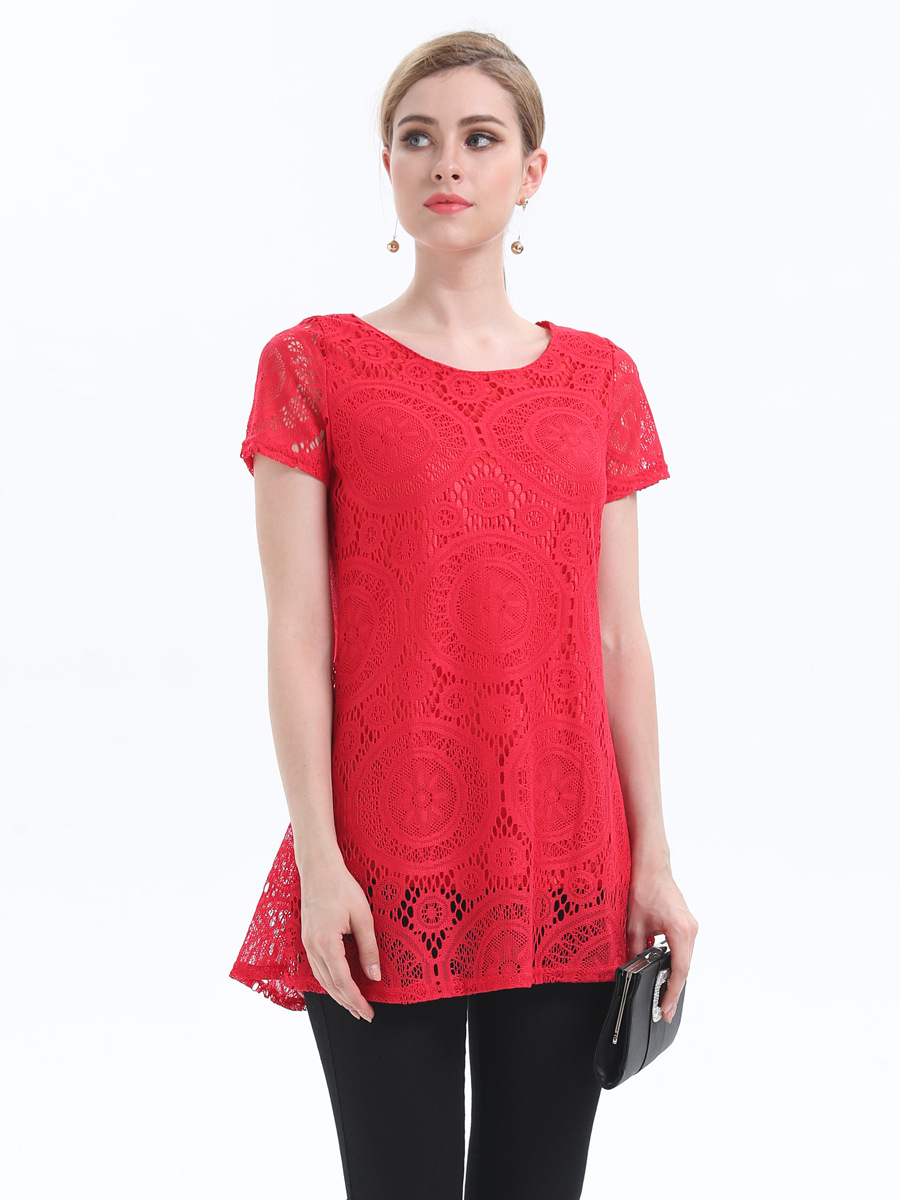 Large Size Round Neck Short Sleeve Lace Shirt  NSJR36768