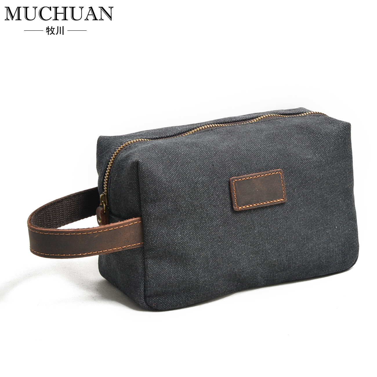 新款男士手抓包加密纯棉帆布洗漱包复古手拿包头层牛皮手腕包|ms