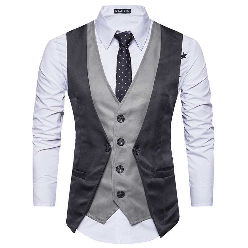 Foreign Trade Men's Spring and Autumn New European Stitching Fake Two-piece Single-breasted Casual Vest Men's Korean-style Slim-fit Vest