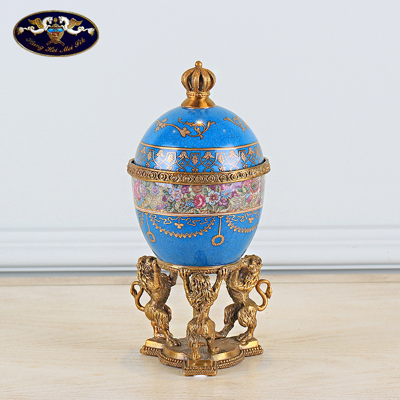 欧式创意陶瓷纯铜狮子装饰 蛋形储物罐摆件 家居客厅酒柜玄关饰品