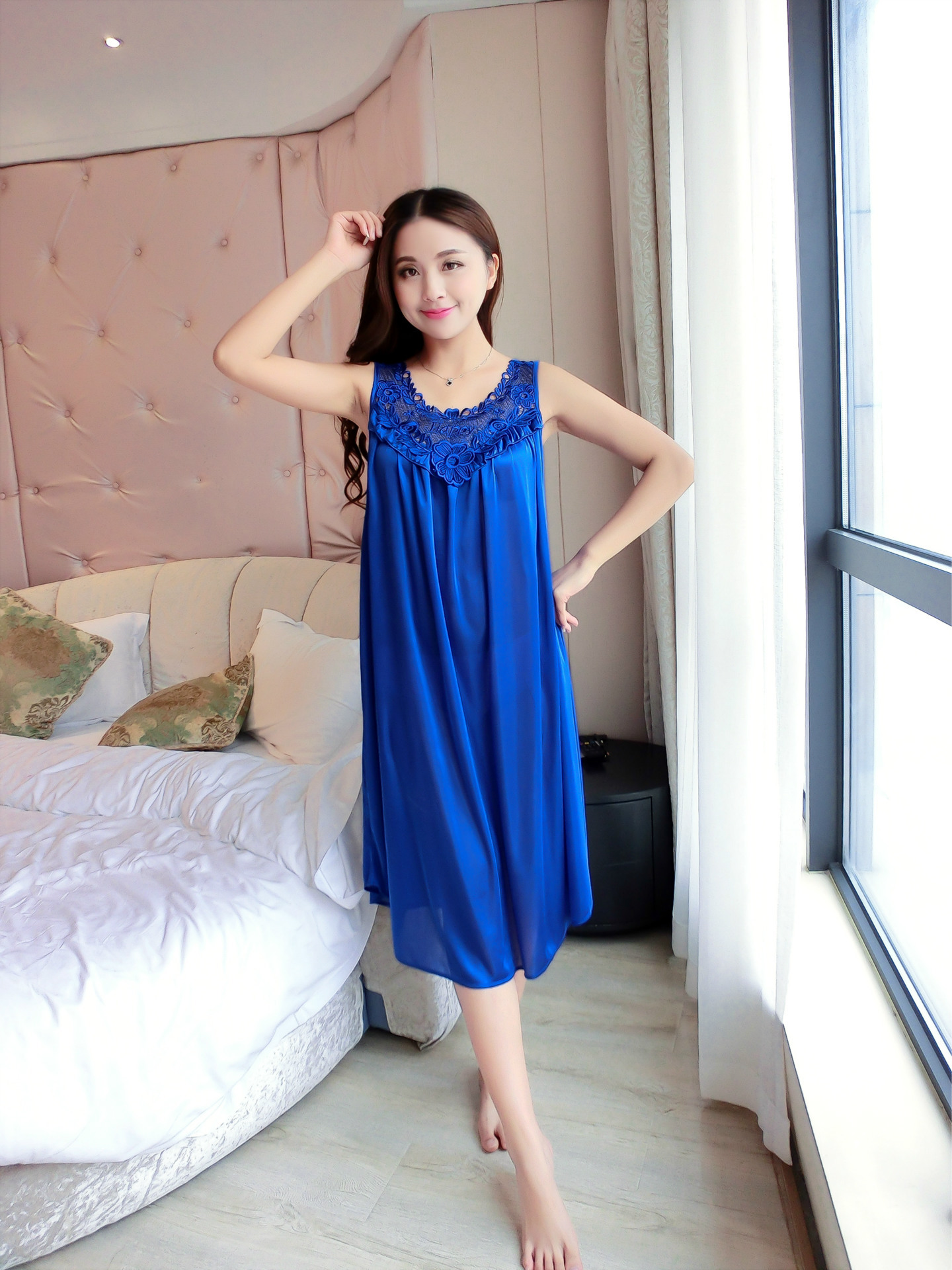 Simple Plus Size Long Sleeveless Lace Ice Silk Polyester Pajamas display picture 101