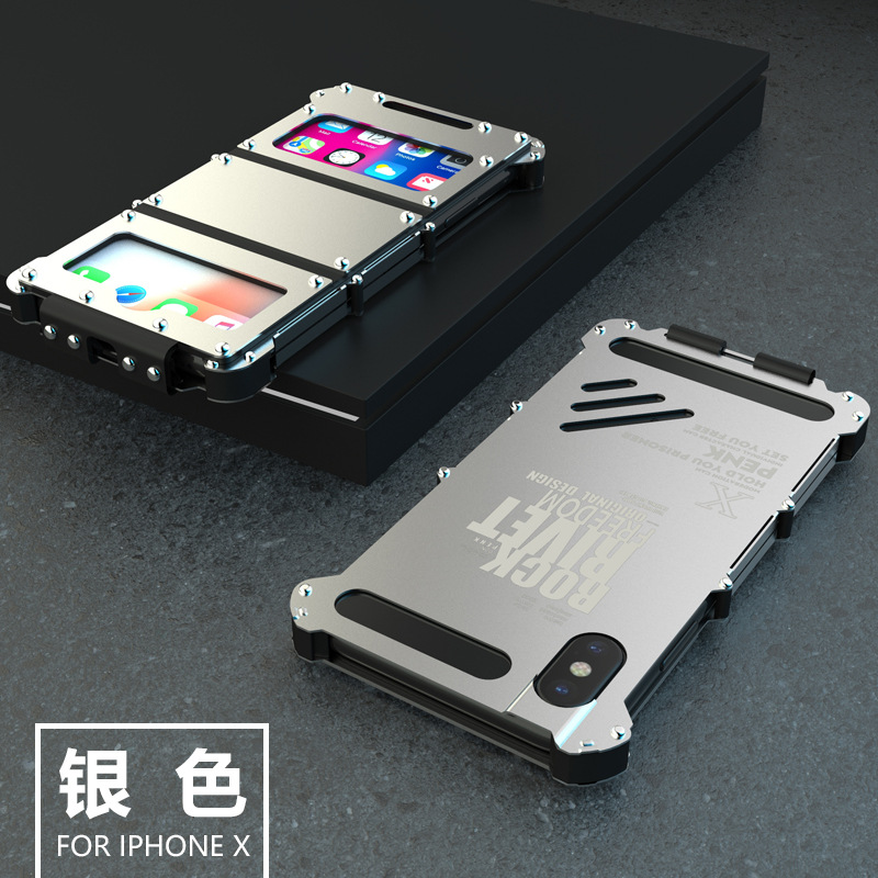 Armor King Iron Man Stainless Steel Dual Window Rivet Leather 360° Flip Case Cover for Apple iPhone X