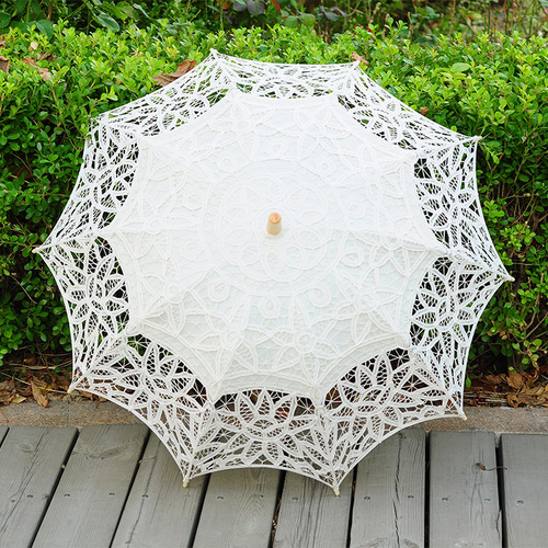 Lace craft floral umbrella, classical princess dance embroidered crocheted sun umbrella, wooden handle straight rod hanging silk fabric umbrella