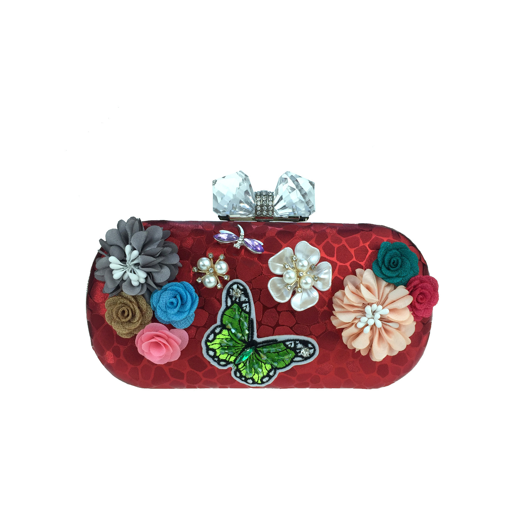 Túi clutch nữ dạ tiệc hoa satin thêu hạt bướm ngọc trai, tay cầm kim loại và dây đeo ngọc trai — Màu đỏ, Màu vàng, Màu bạc chi tiết 18