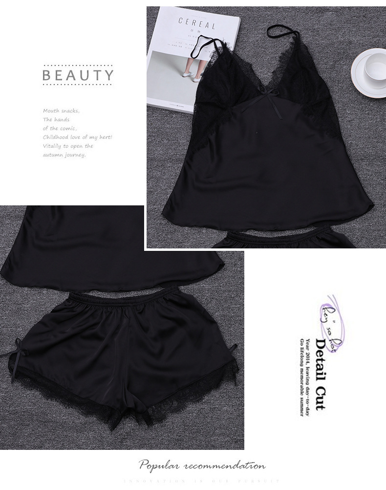 Summer Suspenders Shorts Pajamas   Simulation Silk Sweet Sexy Backless  Two-piece Suit Thin V-neck  Home Service Nihaojewelry Wholesale display picture 4