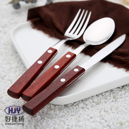 Amazon cross-border 304 stainless steel log handle steak Western food knife fork spoon gift printed logo