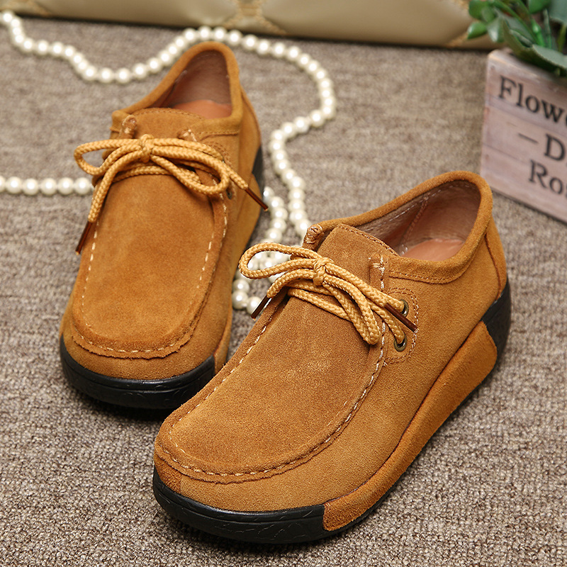 Autumn 2017 New Lace-up Casual Shoes Frosted Leather Round Toe Shake Shoes Women's Shoes Platform Thick Sole Wedge Moms Shoes