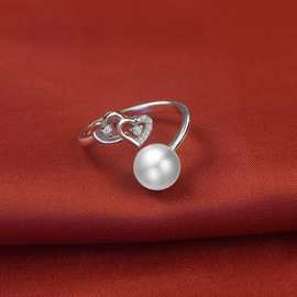 珍珠戒指女韩版原创气质时尚开口镶钻爱心指环批发首饰