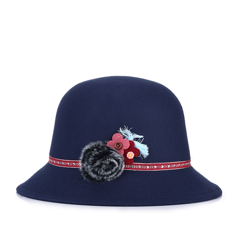 Las mujeres de otoño e invierno sombrero de lana de moda elegante decoración de la flor personalizada al aire libre cálido sombrero de cuenca estilo coreano sombrero superior entrega de una sola pieza image 3