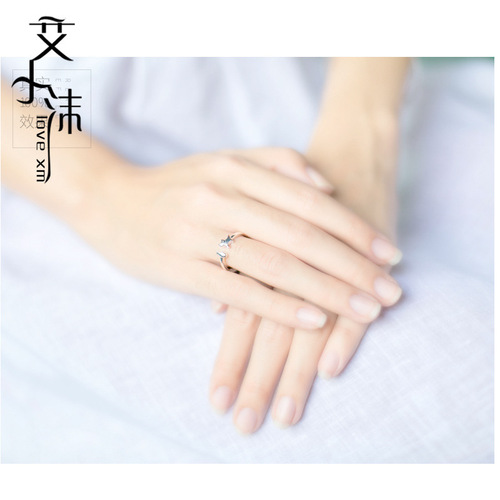 地摊货925银戒指森系甜美幸福猫吃鱼戒指指环可爱小猫小鱼食指戒