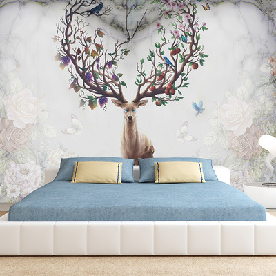 北欧风麋鹿森林客厅电视背景墙 3D壁画装饰电视墙装修效果大全|ms