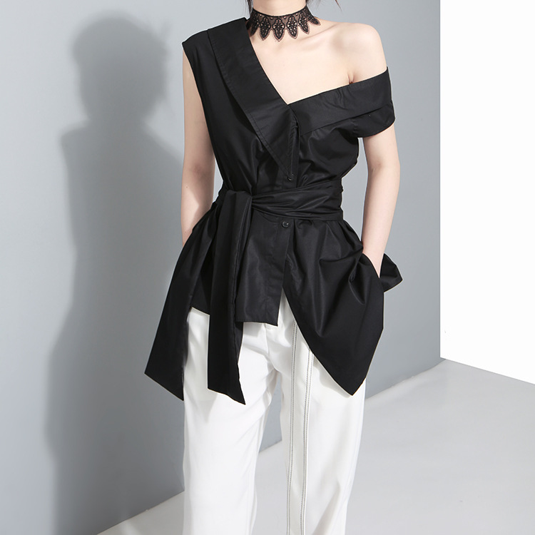2025 Summer and K-Style Niche Design Sleeves with Large Bow Asymmetrical Sloping Shoulder Shirt Women's Top 279 2025 Summer and K-Style Niche Design Sleeves with Large Bow Asymmetrical Sloping Shoulder Shirt Women's Top 279