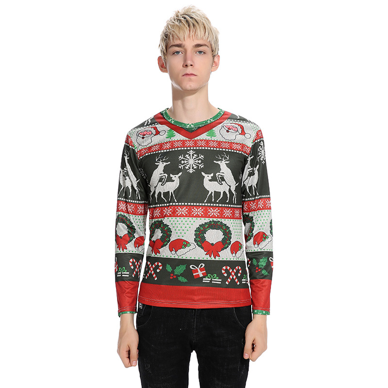外模实拍 新款个性印花时尚男士圣诞节麋鹿图案长袖T恤 CT289