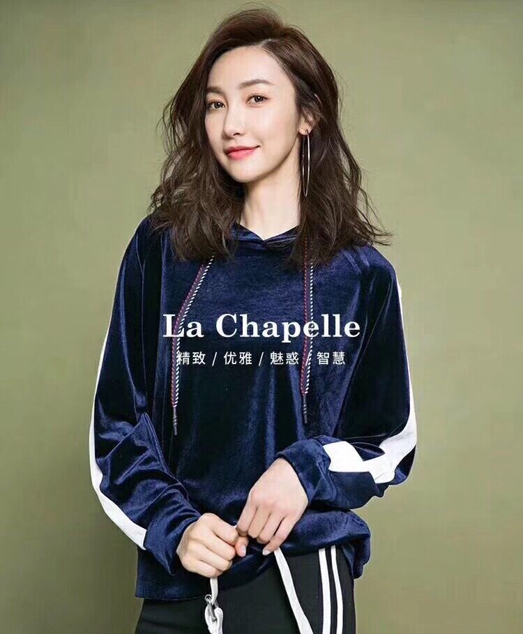 拉夏貝爾原單2017秋季新品韓國藏青色薄款絲絨衛衣