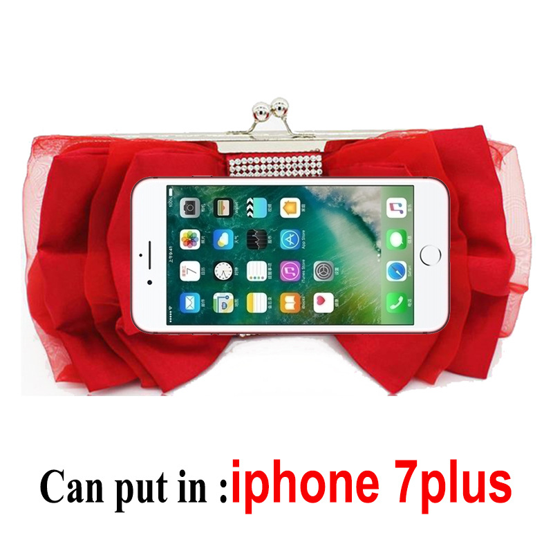 Túi clutch dạ tiệc satin nơ xếp ly đính kim cương – kèm dây đeo chéo — Màu đỏ, Màu đen, Màu Sâm panh, Màu bạc chi tiết 2