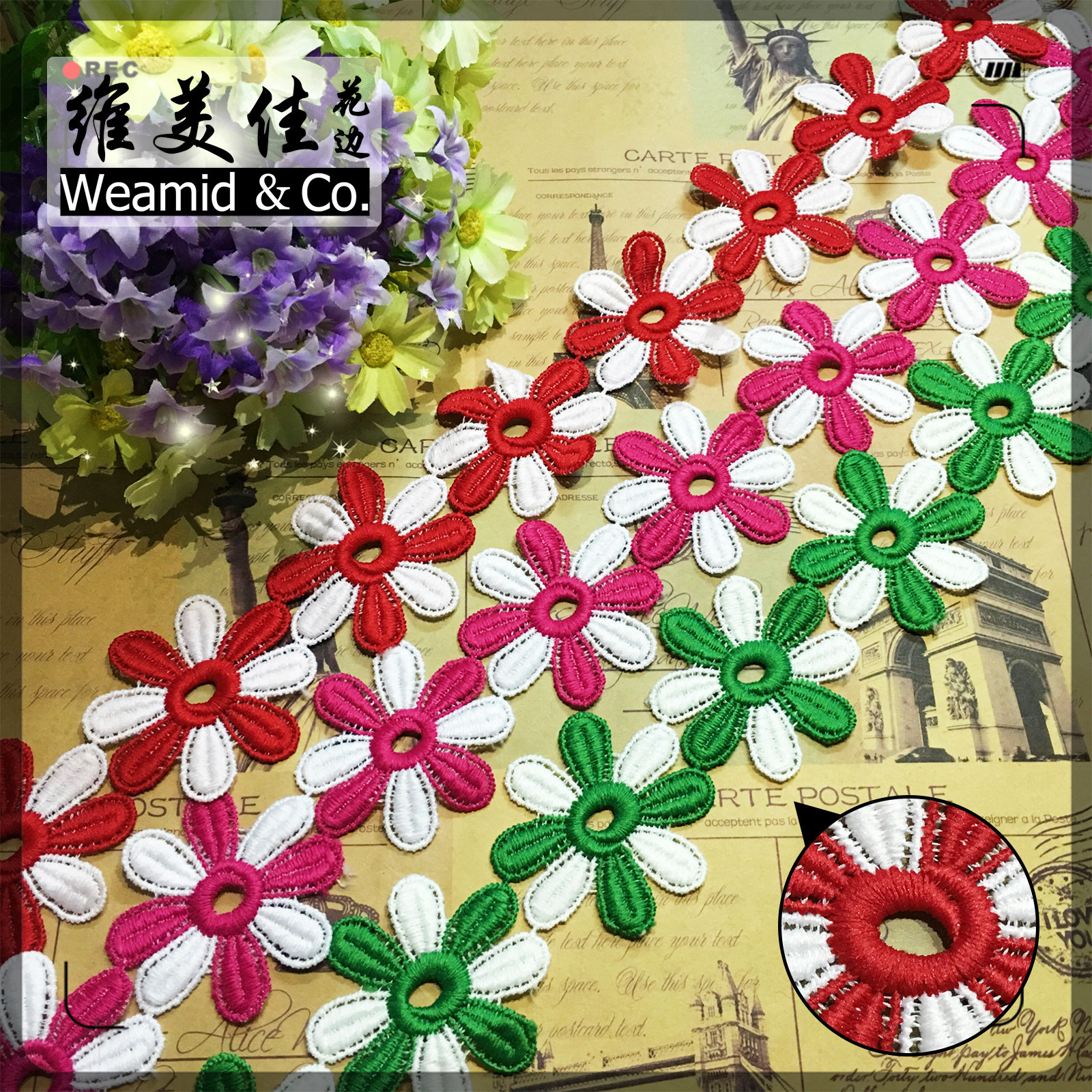 双色小花牛奶丝水溶花边 彩色diy镂空蕾丝条码 外贸刺绣花边辅料