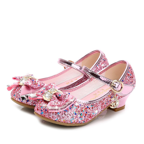 new autumn girls' small high-heeled leather shoes sequined upper bow decorated children's dance shoes