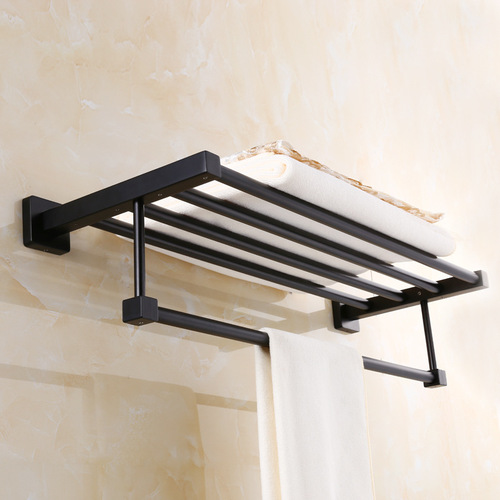 European black bath towel rack bathroom hotel stainless steel double layer towel rack towel bar hardware pendant