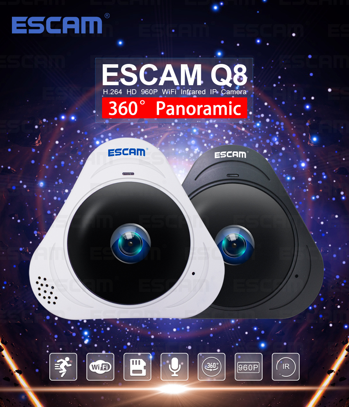ESCAM Q8  960P 130万像素高清 360度全景 监控摄像头 网络摄像机