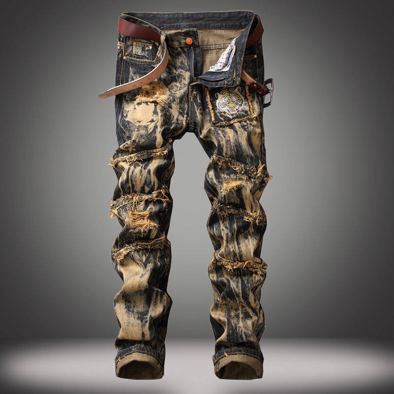Cross-border supply of Amazon foreign trade jeans men's holes in Europe and the United States to do old straight men's jeans retro tide pants Cross-border supply of Amazon foreign trade jeans men's holes in Europe and the United States to do old straight men's jeans retro tide pants