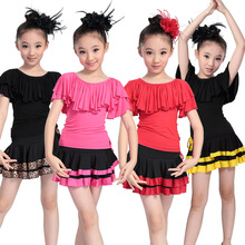 儿童舞蹈练功服拉丁服女童夏季拉丁舞蹈练习服荷叶领短袖短裙套装