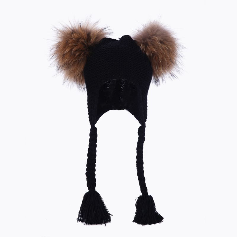Europeo y Americano DE LOS NIÑOS Lei Feng sombrero del bebé Twist trenza orejeras Otoño e Invierno Bola de piel de mapache sombrero de lana de punto