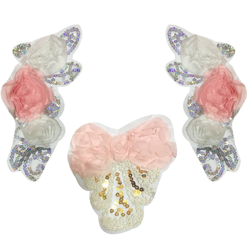 雪纺蝴蝶结玫瑰花亮片布贴 婚纱欧根纱布贴 衣服贴布绣 立体对花